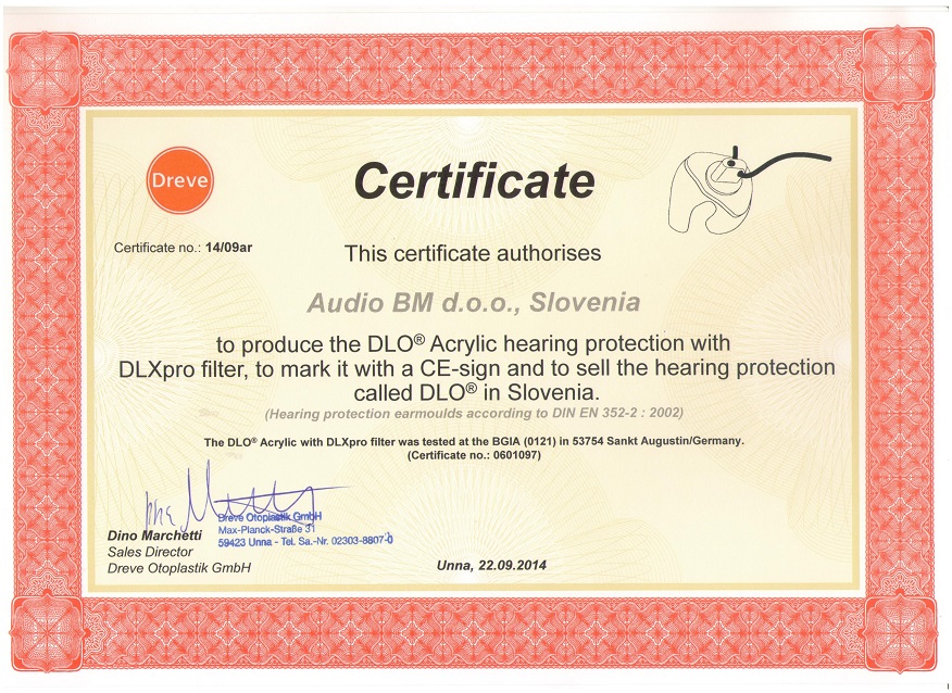 AUDIO BM certifikat za proizvodnjo individualnih izdelkov za zaščito sluha