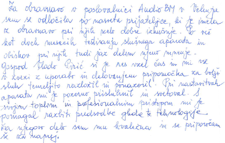 Zelo_zadovoljna_s_storitvijo_slusni_center_AUDIO_BM_Velenje_slusni_aparati_priznanih_znamk_strokovno_prijazno_osebje_boljsi_sluh_izjava_stranke